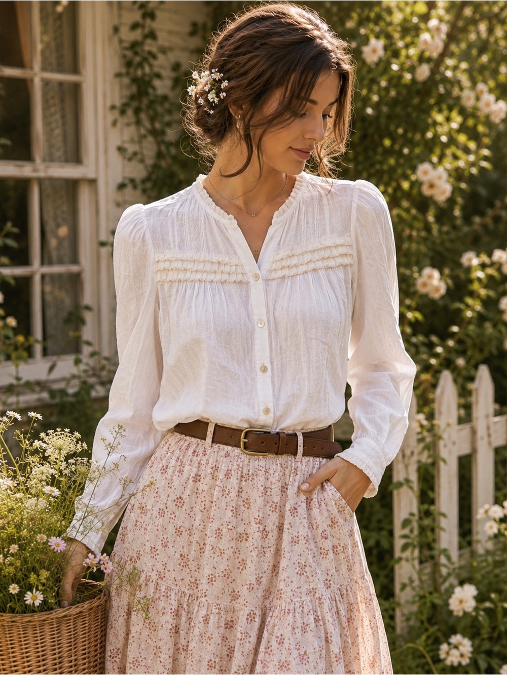Mineral White Boho Ruffle Tunic Blouse Cottagecore Peasant Top S Village Coastal